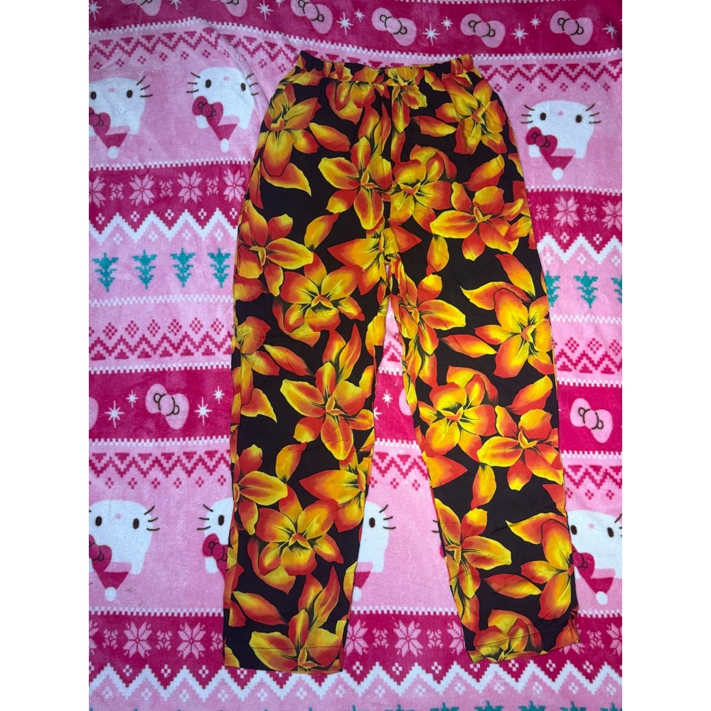 Studio C Womens Small Tropical Floral Rayon Pants Orange Yellow Black Elastic